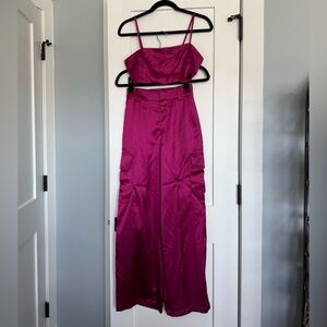 House of Harlow 1960 Fuchsia crop top and wide leg cargo satin pants